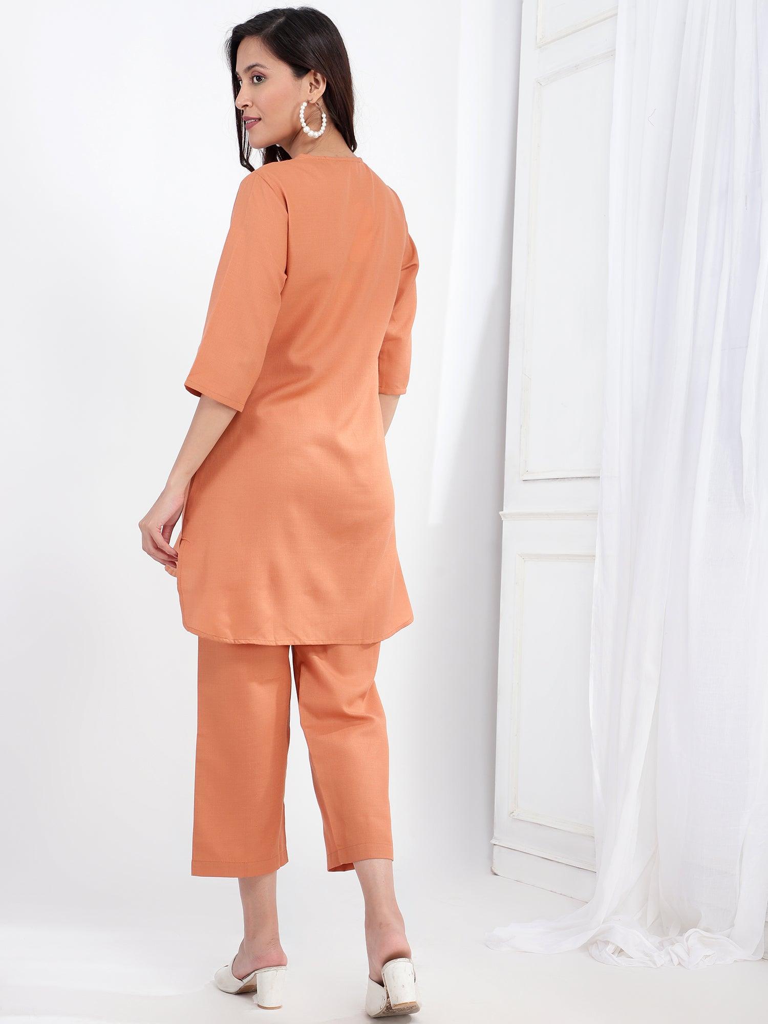 Embroidered V Neck Tunic With Trousers Co-Ords